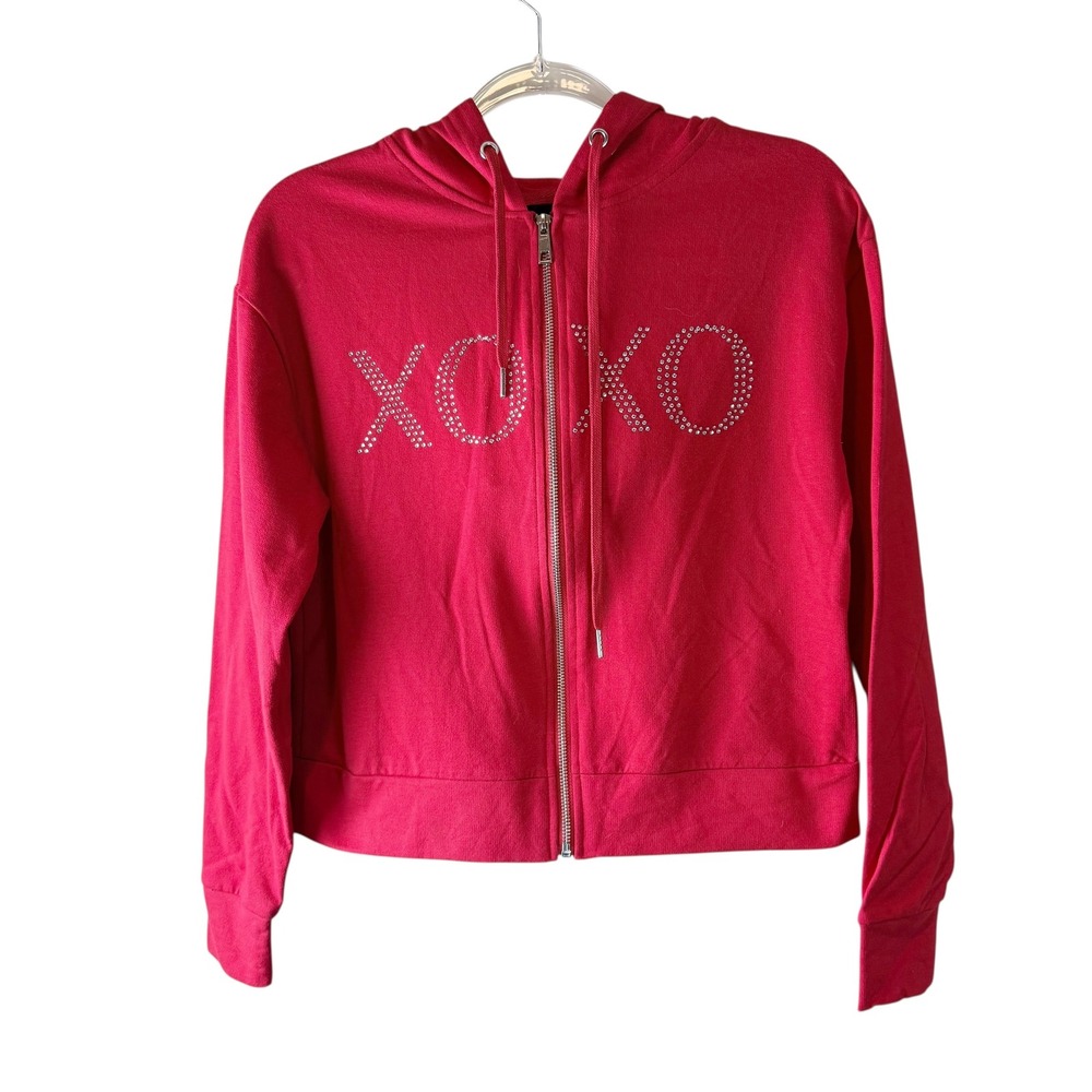 Y2K XOXO Women's Red Full Zip‎ Hoodie Rhinestone Embellished Cropped XL NEW